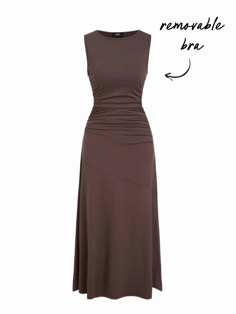 Cider Brown Sleeveless Ruched Maxi Dress with Removable Bra Insert